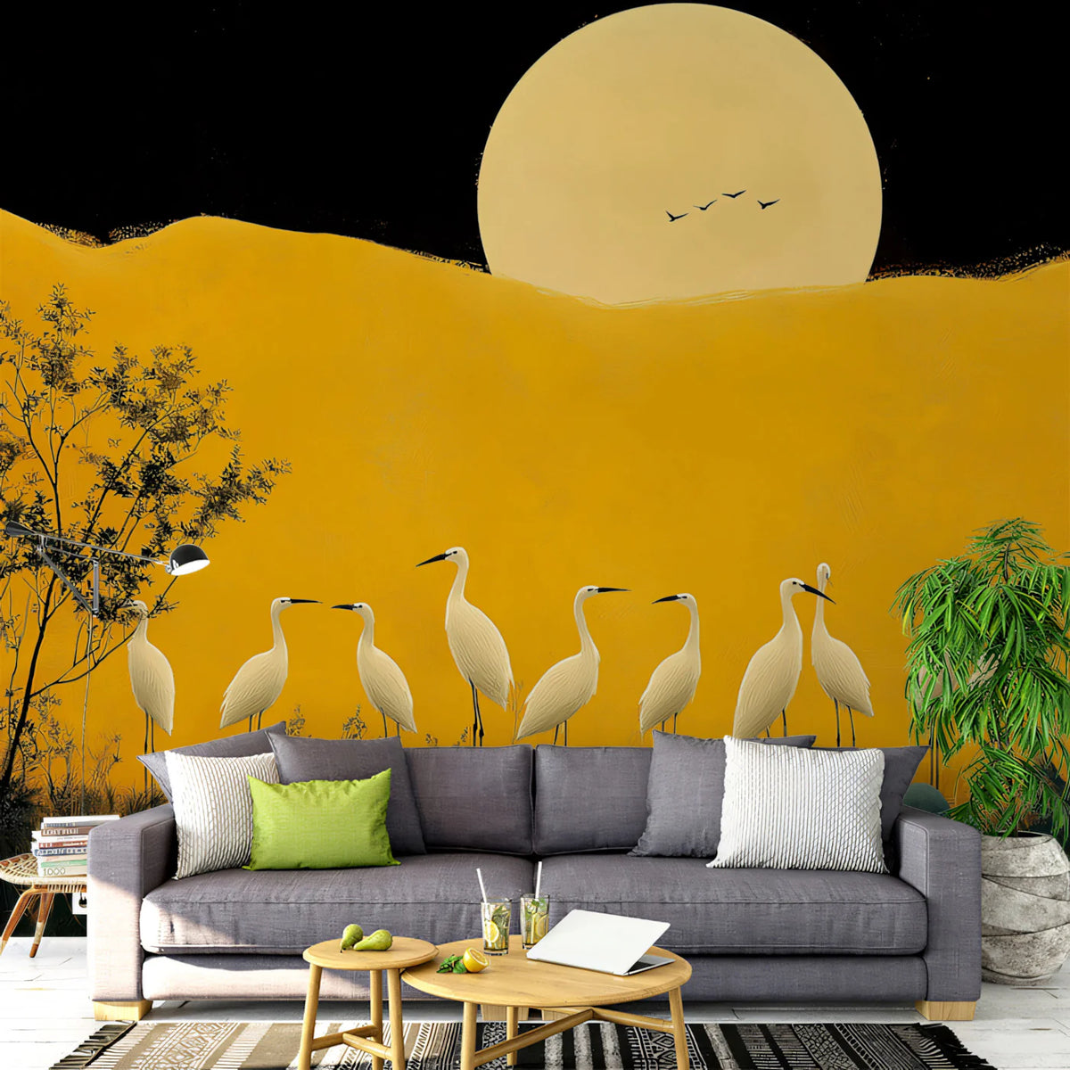 Golden Egret Moon Mural Wallpaper — Surreal Art Deco Design Mural Wallpaper - pure wallpaper artwork