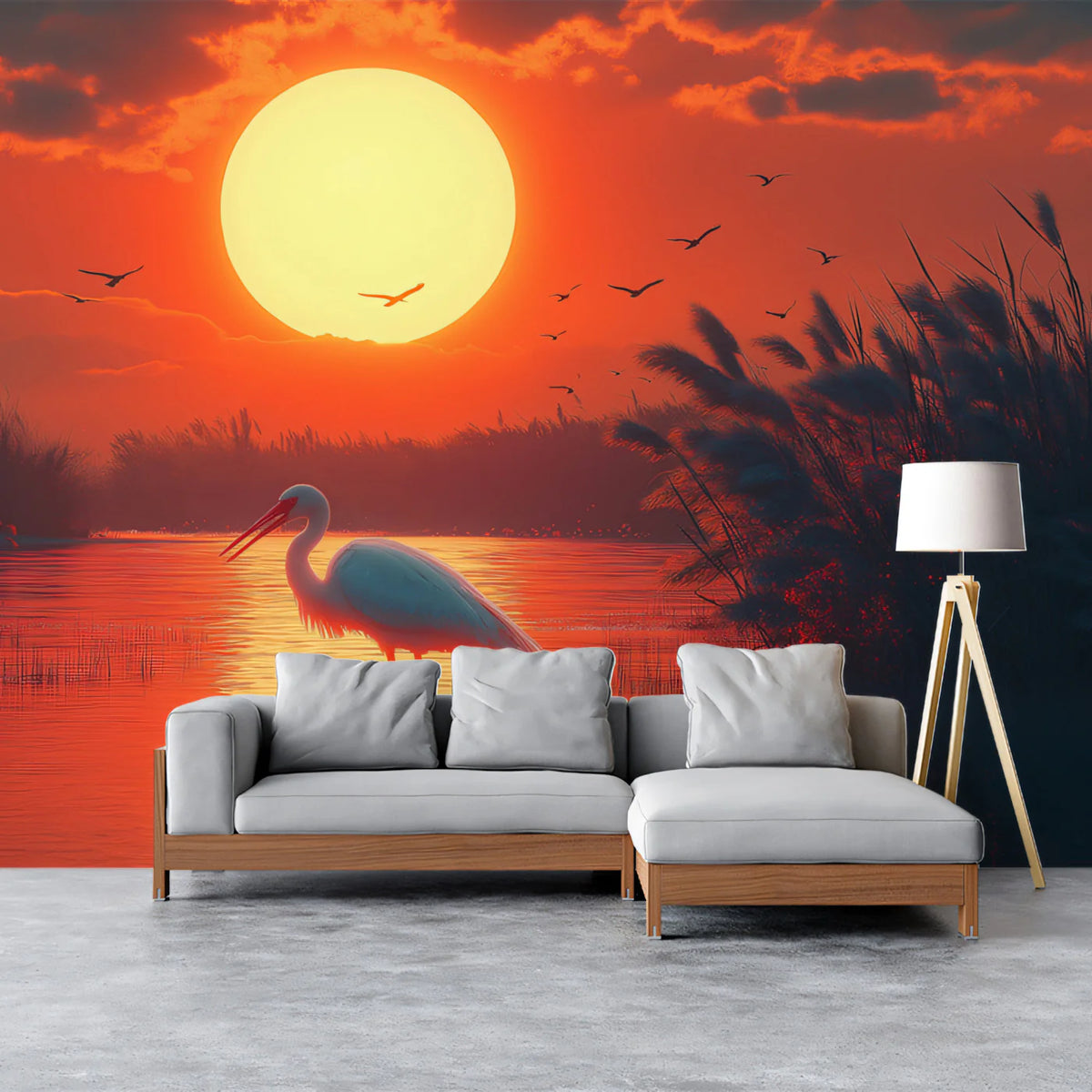 Egret at Sunset Mural Wallpaper —Warm Coastal Landscape Mural Wallpaper - pure wallpaper artwork
