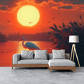 Egret at Sunset Mural Wallpaper —Warm Coastal Landscape Mural Wallpaper - pure wallpaper artwork