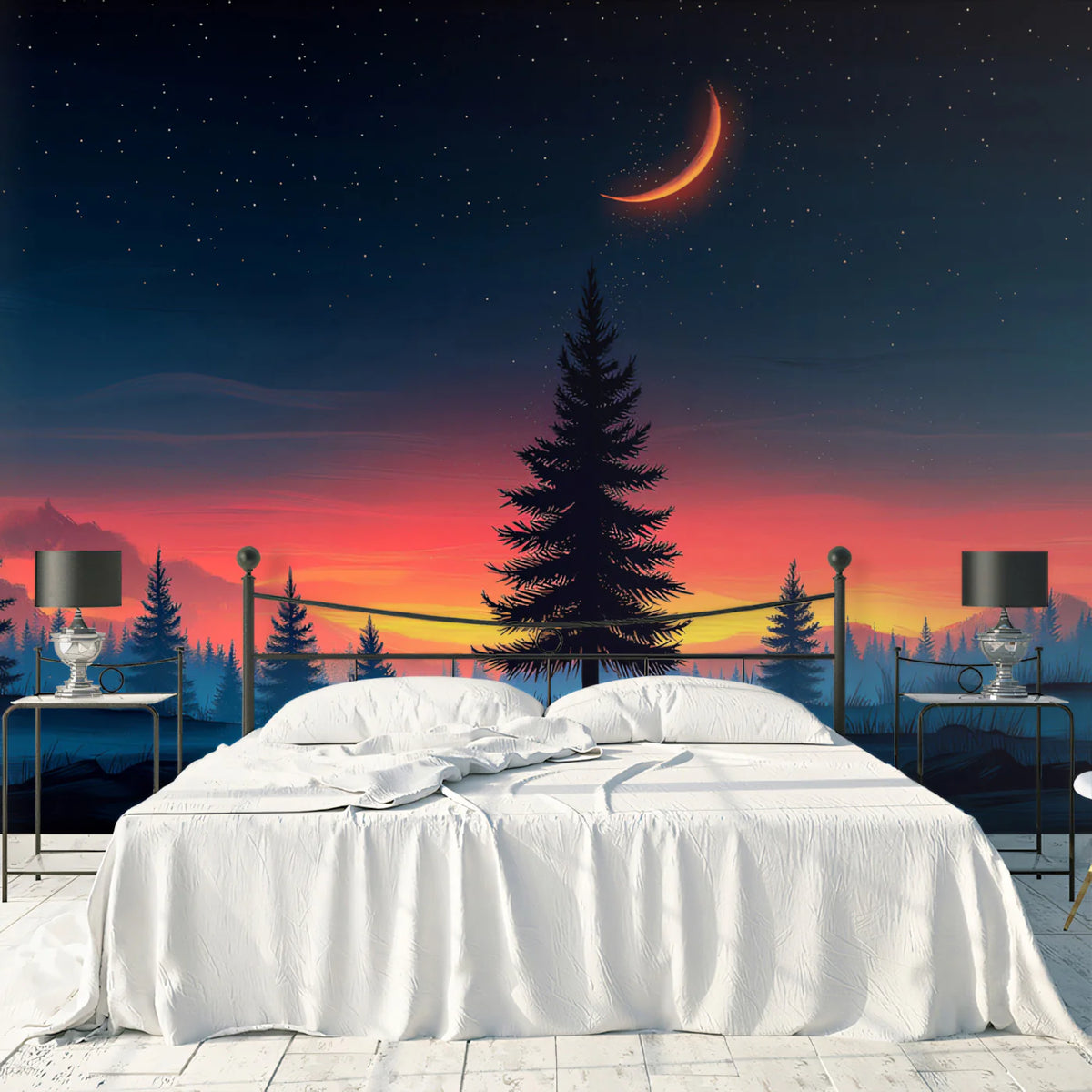 Midnight Pine Forest Mural Wallpaper — Fiery Sunset Horizon Mural Wallpaper - pure wallpaper artwork