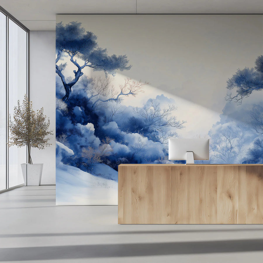 Indigo Mountain Valley Mural Wallpaper — Painterly Landscape Mural Wallpaper