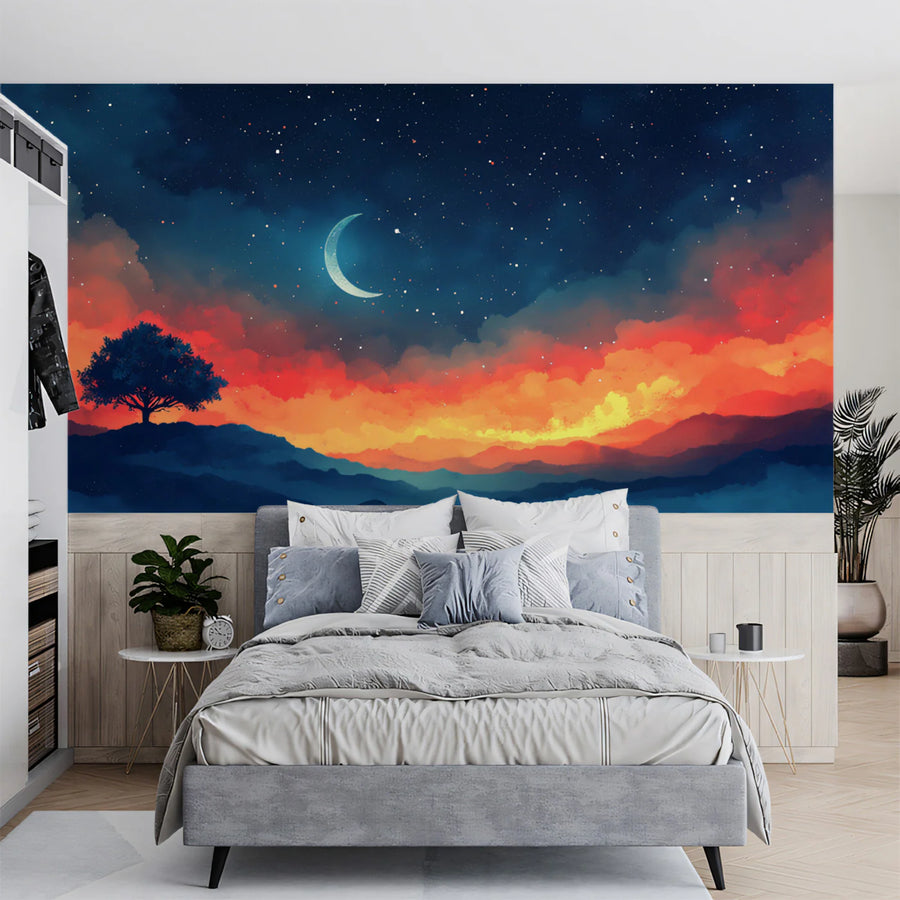 Celestial Sunset Mural Wallpaper Red, Orange, and Blue Mural Wallpaper