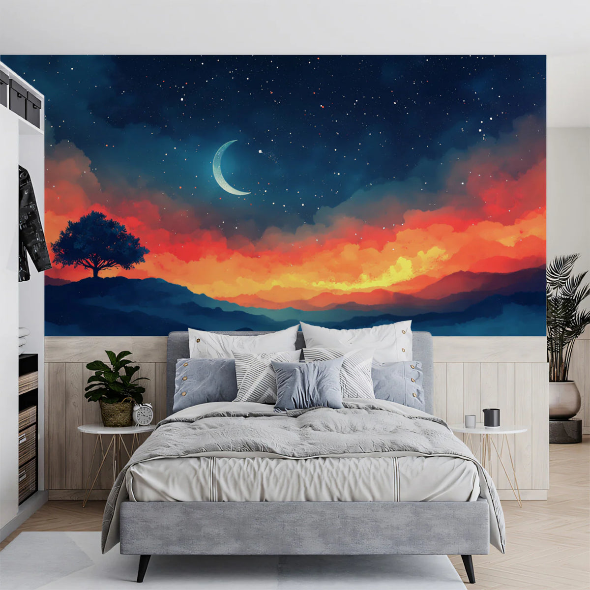 Celestial Sunset Mural Wallpaper Red, Orange, and Blue Mural Wallpaper - pure wallpaper artwork