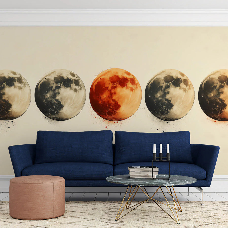 Blood Moon Quintet Mural Wallpaper — Celestial Artistic Design Mural Wallpaper