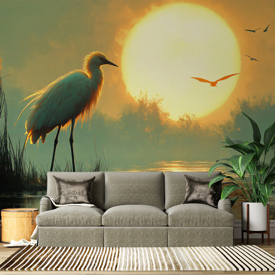 Golden Marsh Heron Mural Wallpaper — Impressionistic Sunset Scene Mural Wallpaper
