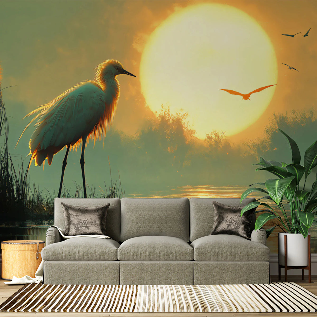 Golden Marsh Heron Mural Wallpaper — Impressionistic Sunset Scene Mural Wallpaper - pure wallpaper artwork