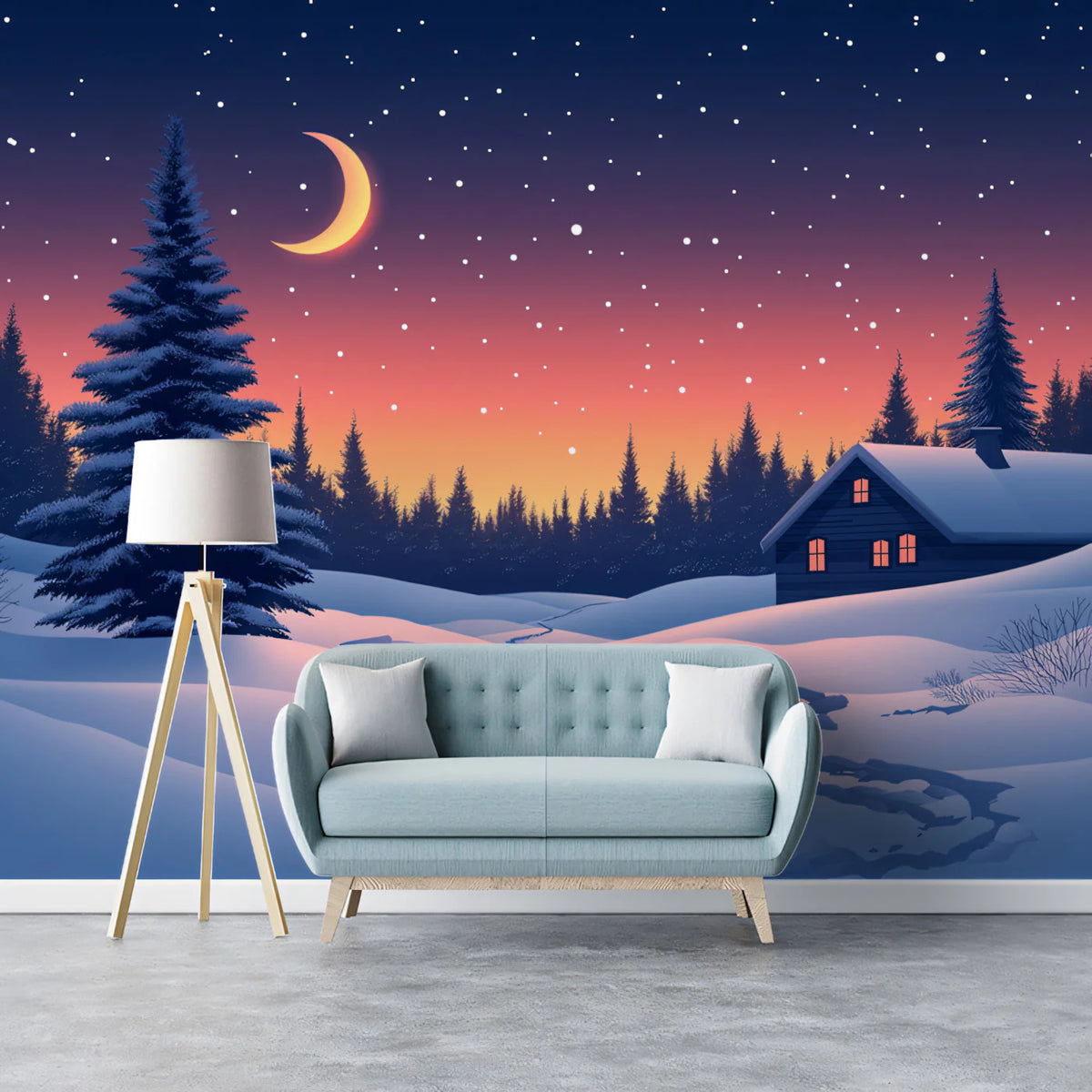 Winter Cabin under the Moon Mural Wallpaper Blue, Pink, and Orange Mural Wallpaper - pure wallpaper artwork