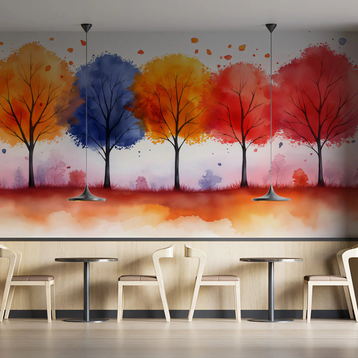Autumn Watercolor Woodland Mural Wallpaper with Vibrant Tree Canopy Mural Wallpaper - pure wallpaper artwork