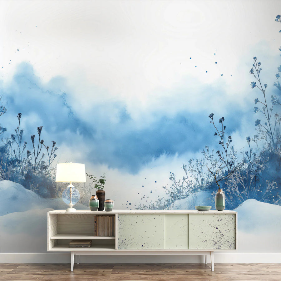 Winter Forest Watercolor Mural Wallpaper — Misty Blue Landscape Mural Wallpaper