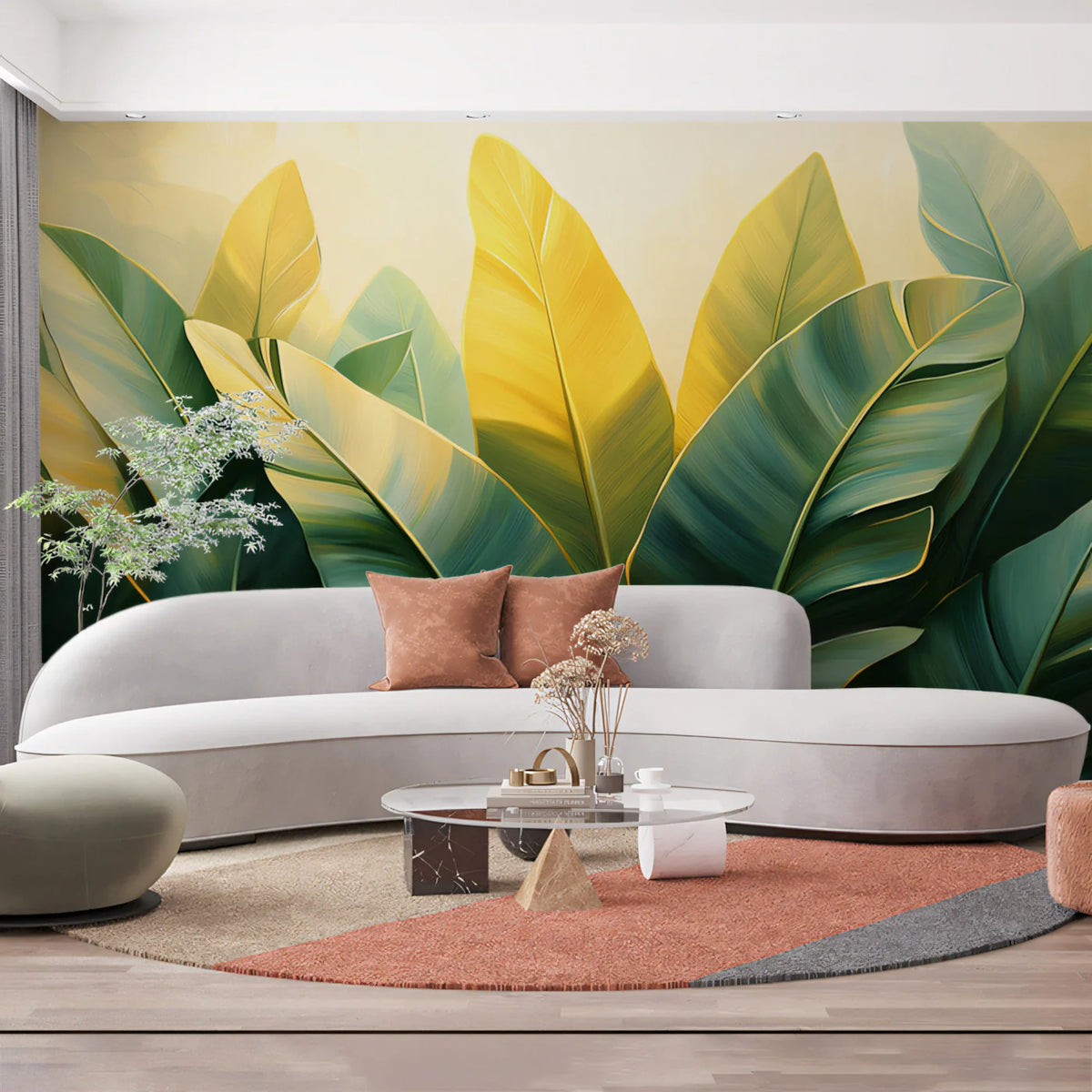 Modern Banana Leaf Mural Wallpaper Green, Yellow, and White Mural Wallpaper - pure wallpaper artwork