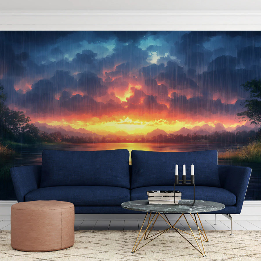 Fiery Sunset Rain Mural Wallpaper — Moody Landscape Design Mural Wallpaper