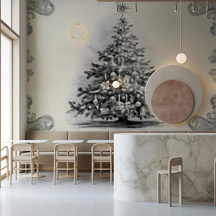 Vintage Engraving Christmas Mural Wallpaper Black and White Mural Wallpaper