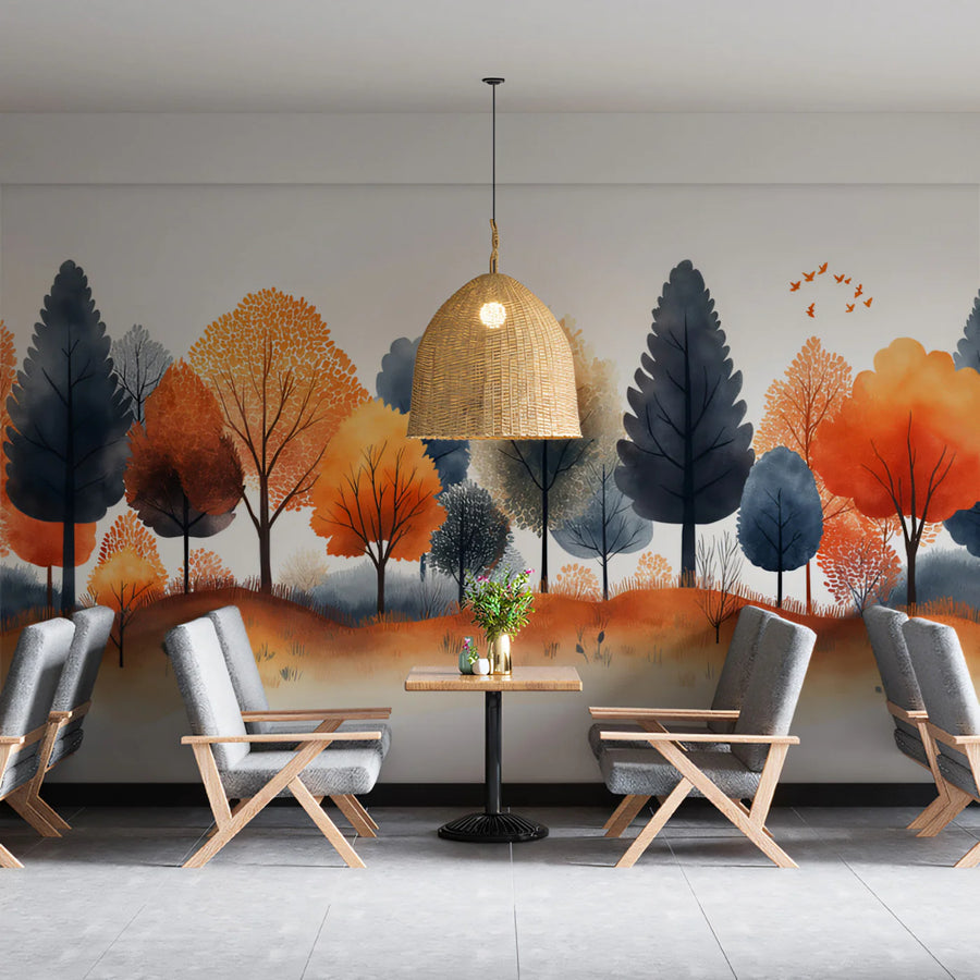 Autumn Grove Landscape Mural Wallpaper — Watercolor Forest Mural Wallpaper