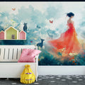 Lady in Red Watercolor Meadow Mural Wallpaper — Whimsical Art Mural Wallpaper - pure wallpaper artwork