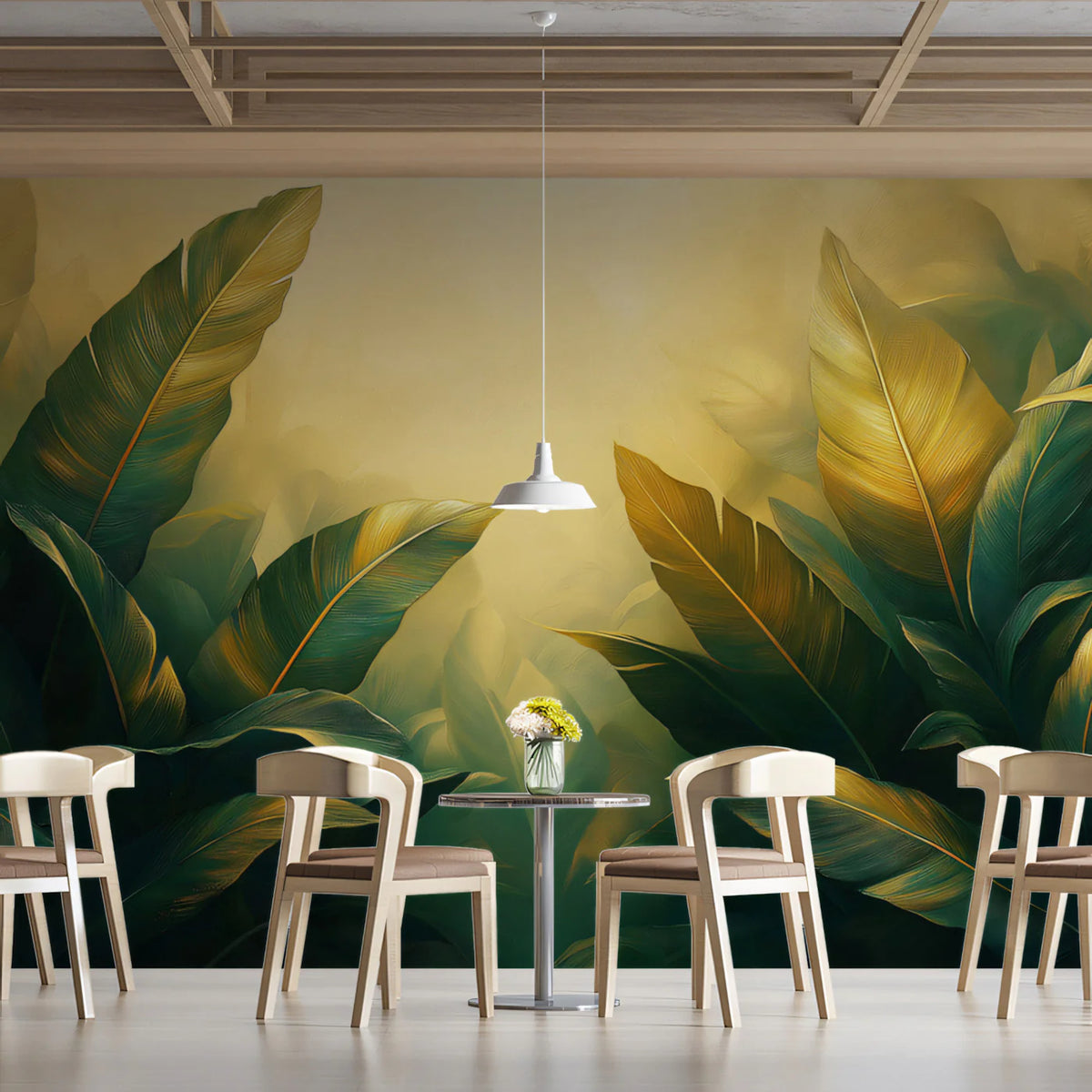 Golden Banana Leaf Mural Wallpaper Green and Yellow Mural Wallpaper - pure wallpaper artwork