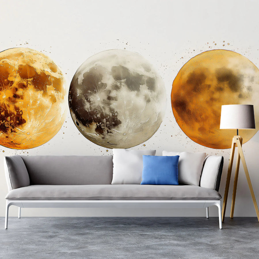 Lunar Quartet Mural Wallpaper — Artistic Celestial Moon Design Mural Wallpaper