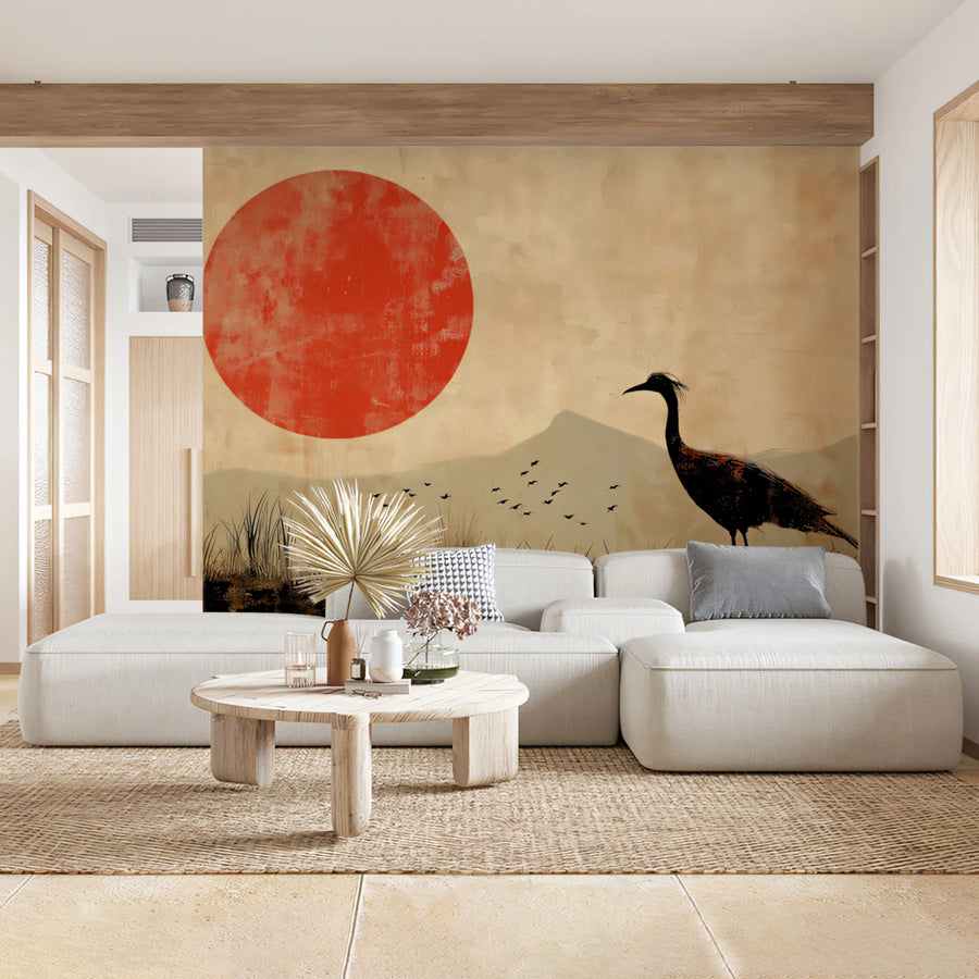 Red Sun and Crane Mural Wallpaper — Japanese Minimalist Art Mural Wallpaper