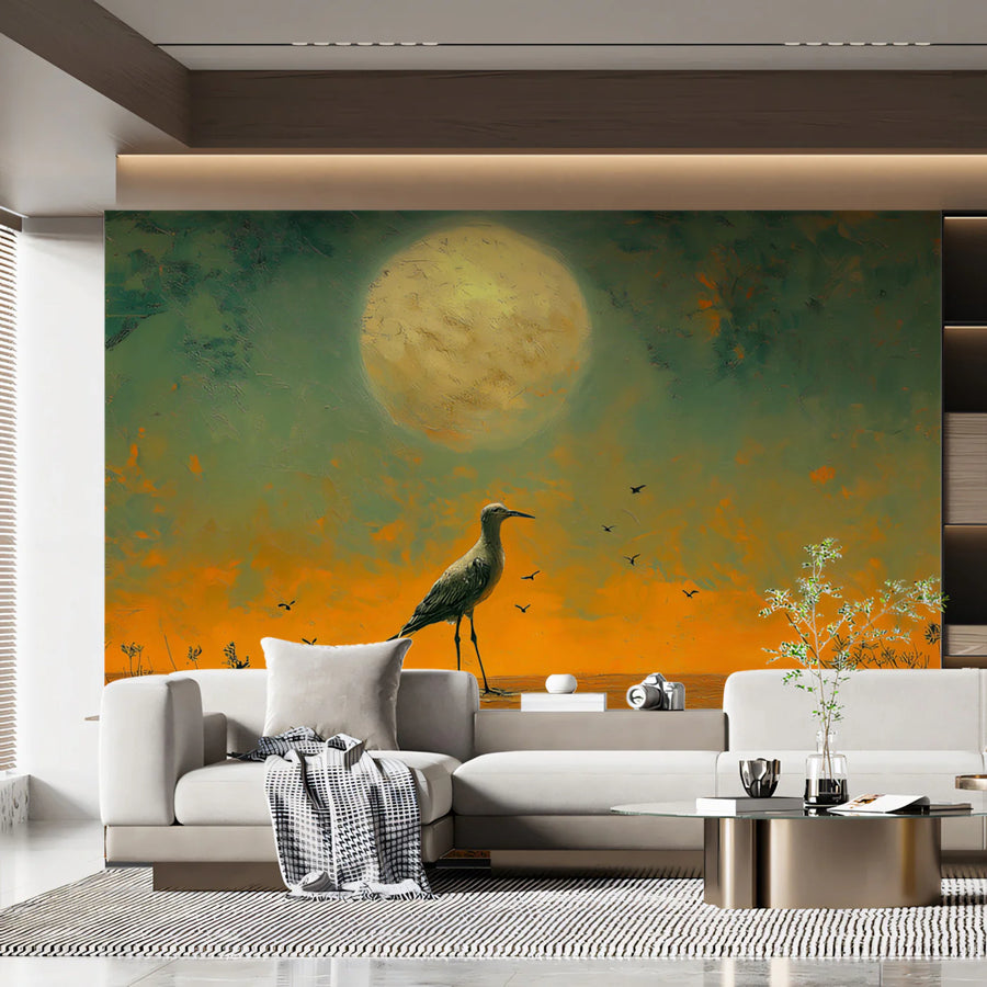 Heron and Moon Mural Wallpaper — Atmospheric Oil Painting Style Mural Wallpaper
