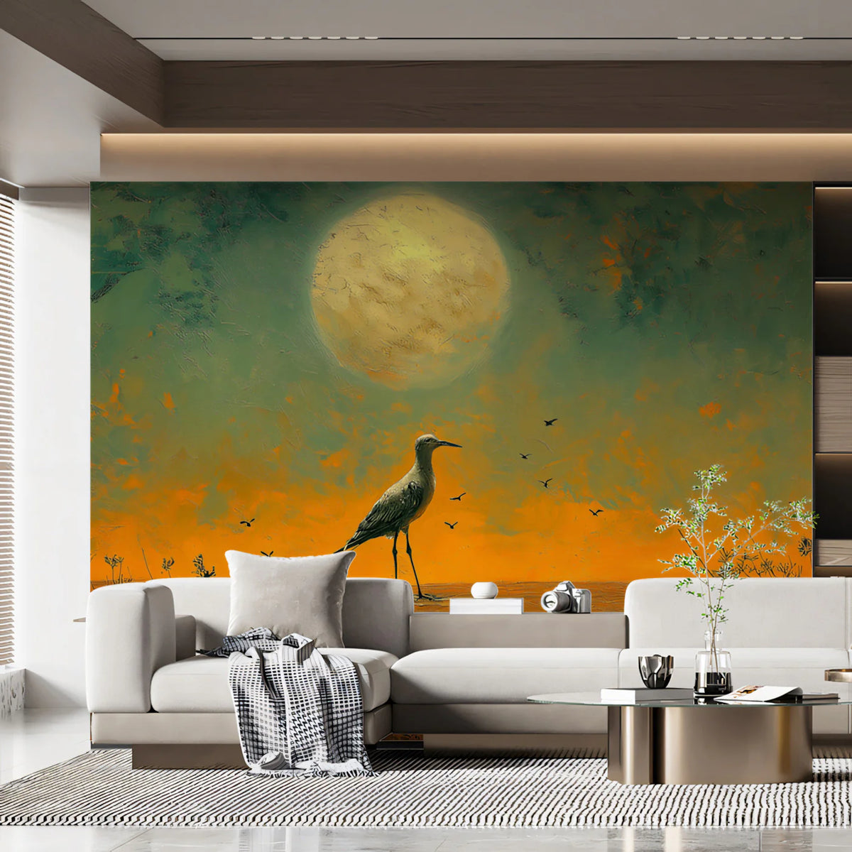 Heron and Moon Mural Wallpaper — Atmospheric Oil Painting Style Mural Wallpaper - pure wallpaper artwork