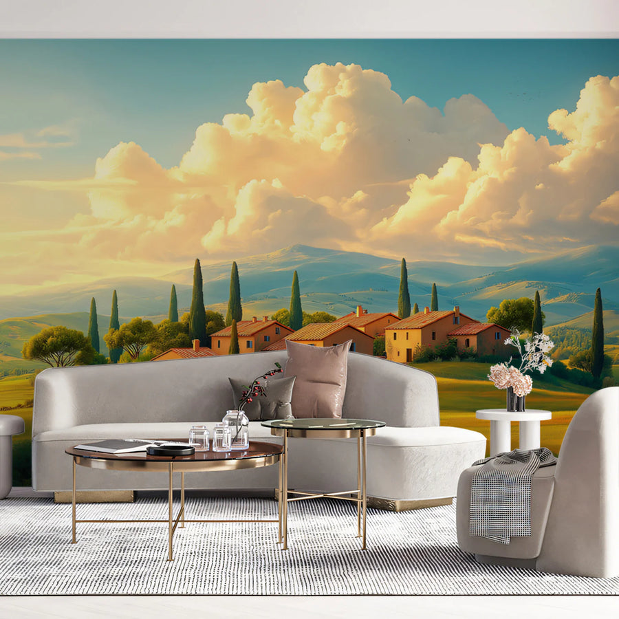 Tuscan Countryside Mural Wallpaper — Golden Hour Landscape Mural Wallpaper