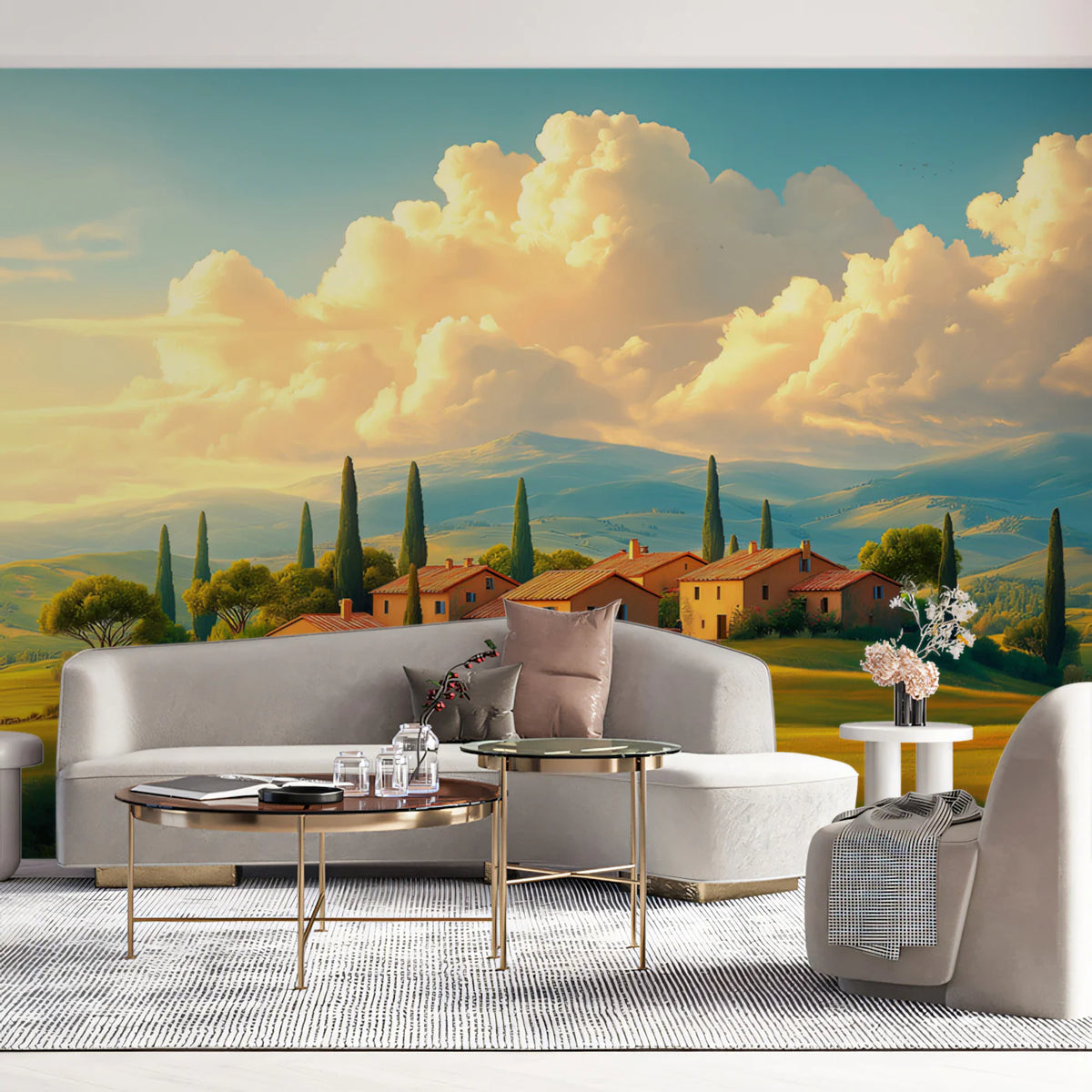 Tuscan Countryside Mural Wallpaper — Golden Hour Landscape Mural Wallpaper - pure wallpaper artwork