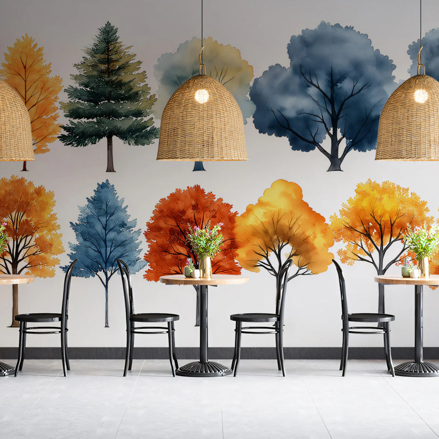 Four Seasons Tree Watercolor Mural Wallpaper — Artistic Nature Mural Wallpaper
