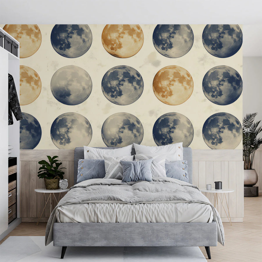 Celestial Moon Checkered Mural Wallpaper in Navy and Ochre Mural Wallpaper