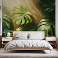 Sunbeam Monstera Mural Wallpaper Green and Gold Mural Wallpaper - pure wallpaper artwork