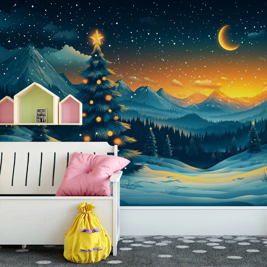 Christmas in the Valley Mural Wallpaper Blue, Orange, and Gold Mural Wallpaper