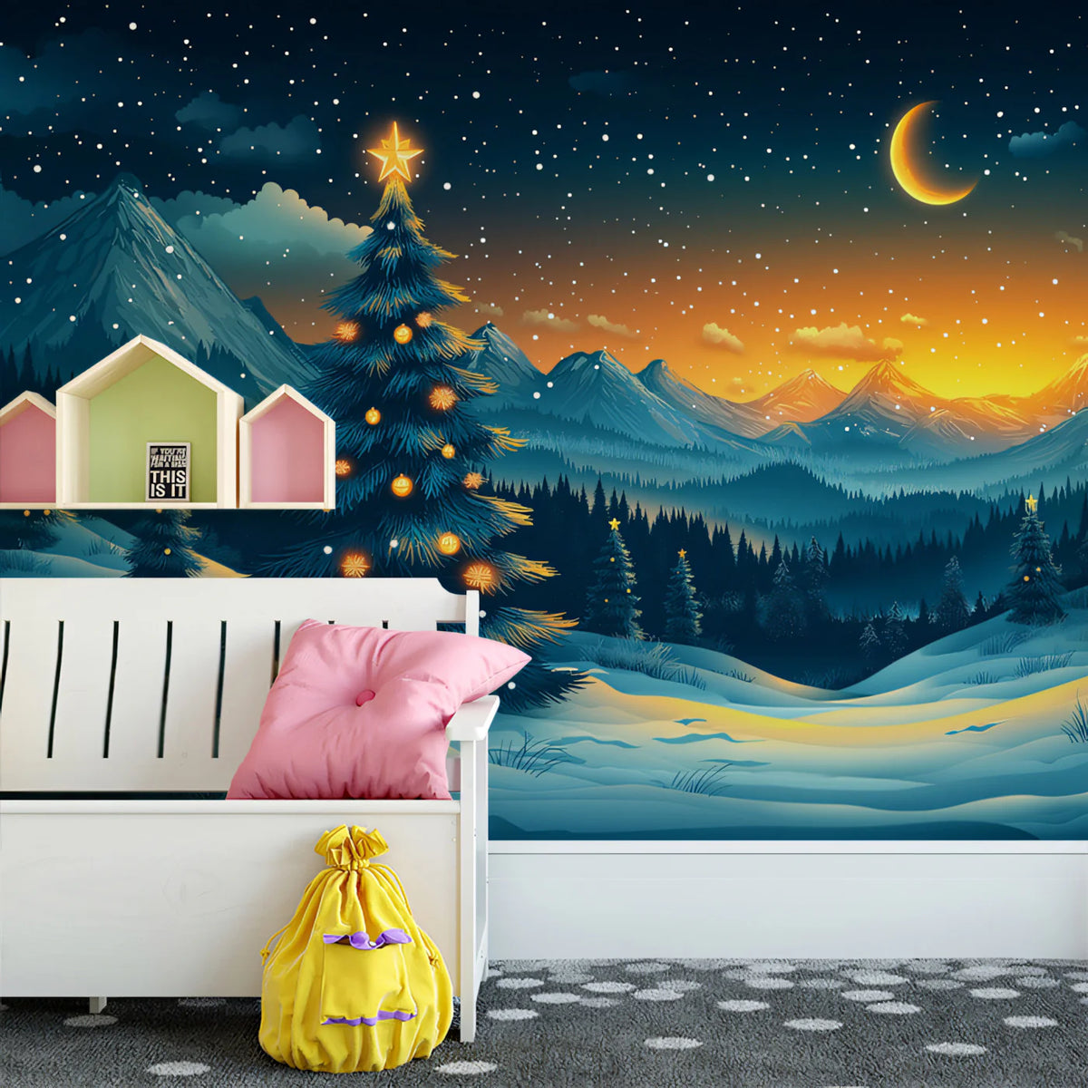 Christmas in the Valley Mural Wallpaper Blue, Orange, and Gold Mural Wallpaper - pure wallpaper artwork
