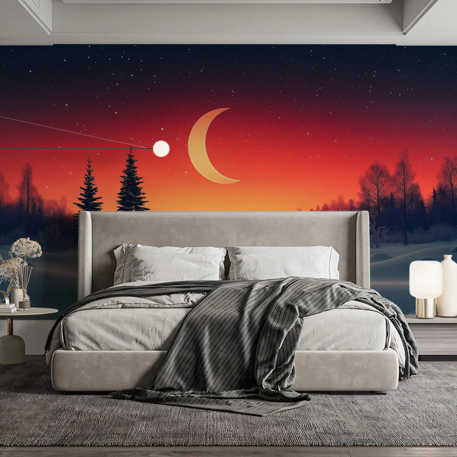 Crimson Winter Moon Mural Wallpaper Red, Orange, and Black Mural Wallpaper