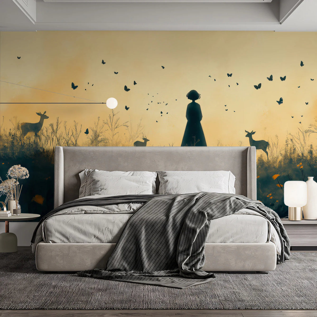 Golden Meadow Silhouette Mural Wallpaper — Whimsical Dusk Scene Mural Wallpaper - pure wallpaper artwork