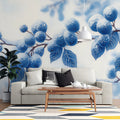 Snow-Dusted Berry Branch Mural Wallpaper — Frosty Blue Design Mural Wallpaper - pure wallpaper artwork