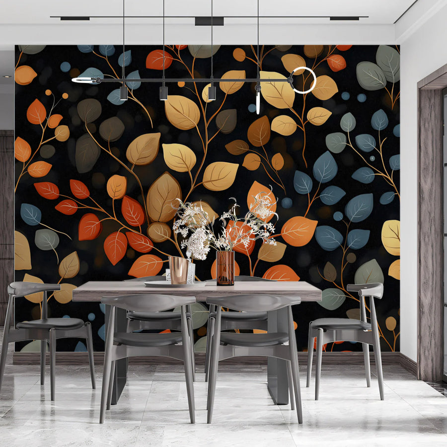 Floating Autumn Leaves Pattern Mural Wallpaper Orange, Gold, and Blue Mural Wallpaper