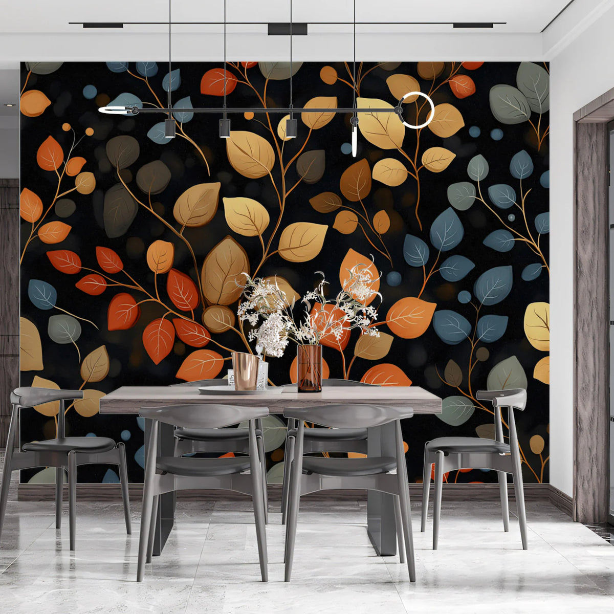 Floating Autumn Leaves Pattern Mural Wallpaper Orange, Gold, and Blue Mural Wallpaper - pure wallpaper artwork