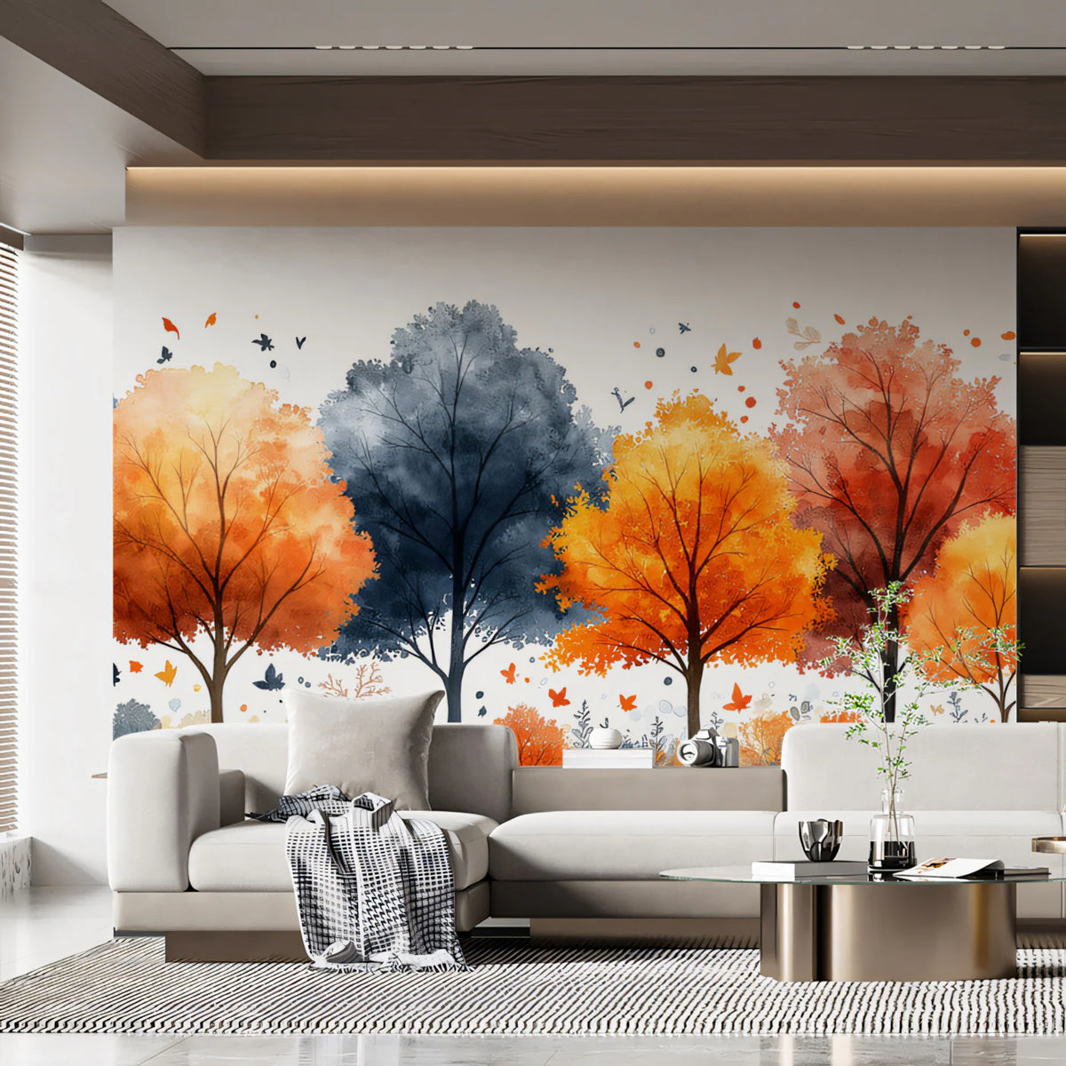 Autumn Treeline Mural Wallpaper — Watercolor Forest Landscape Mural Wallpaper - pure wallpaper artwork