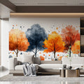 Autumn Treeline Mural Wallpaper — Watercolor Forest Landscape Mural Wallpaper - pure wallpaper artwork