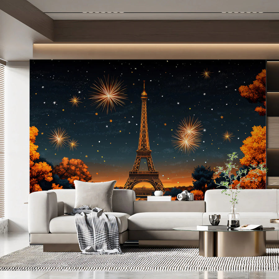 Autumn Fireworks in Paris Mural Wallpaper Orange, Blue, and Gold Mural Wallpaper