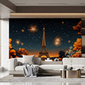Autumn Fireworks in Paris Mural Wallpaper Orange, Blue, and Gold Mural Wallpaper - pure wallpaper artwork