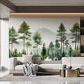 Alpine Pine Forest Mural Wallpaper — Painted Mountain Landscape Mural Wallpaper - pure wallpaper artwork