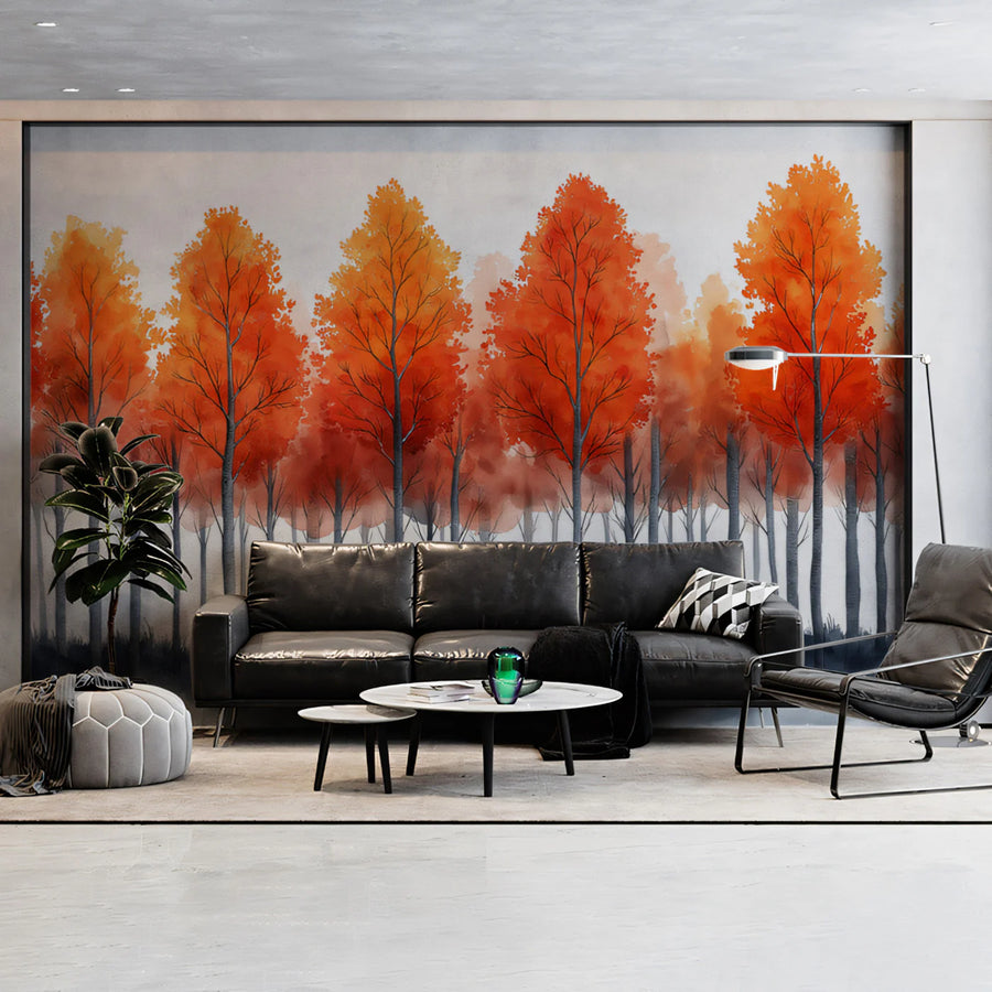 Fiery Autumn Forest Mural Wallpaper — Impressionistic Woodland Scene Mural Wallpaper