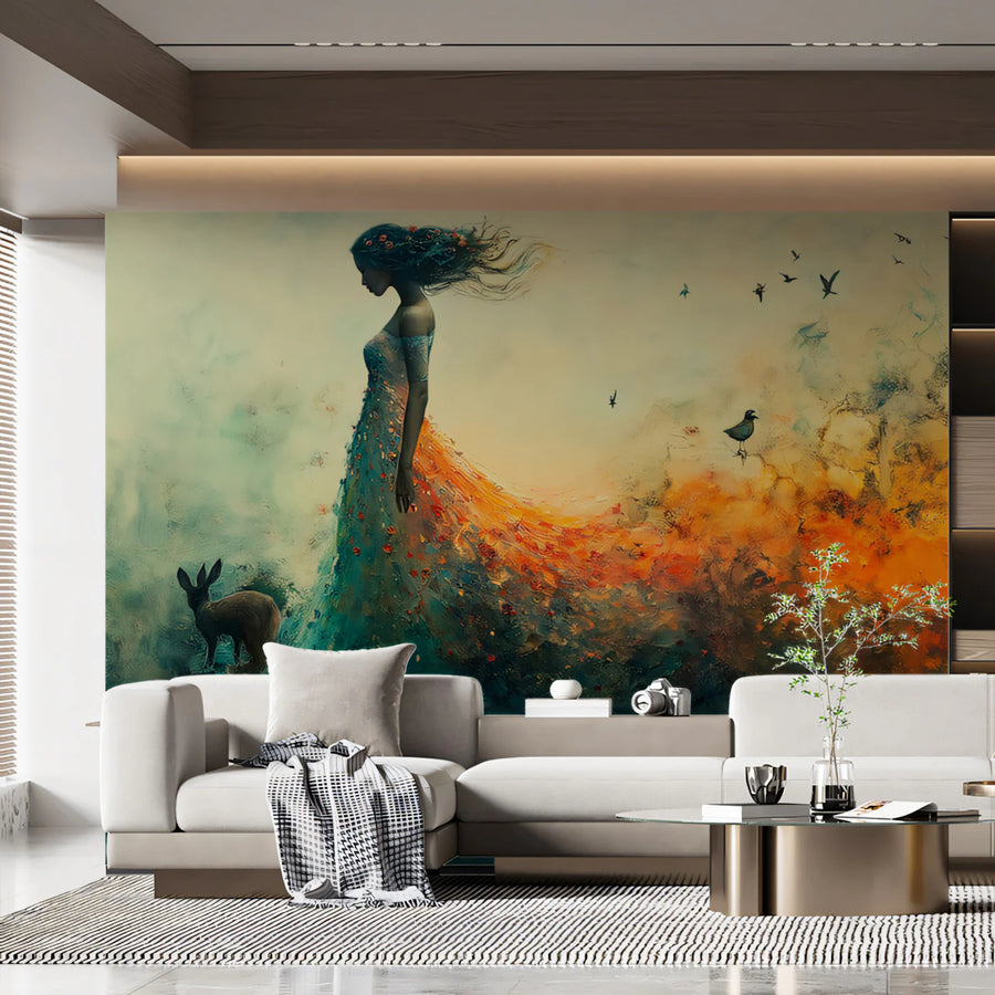 Ethereal Autumn Forest Woman Mural Wallpaper — Artistic Whimsy Mural Wallpaper