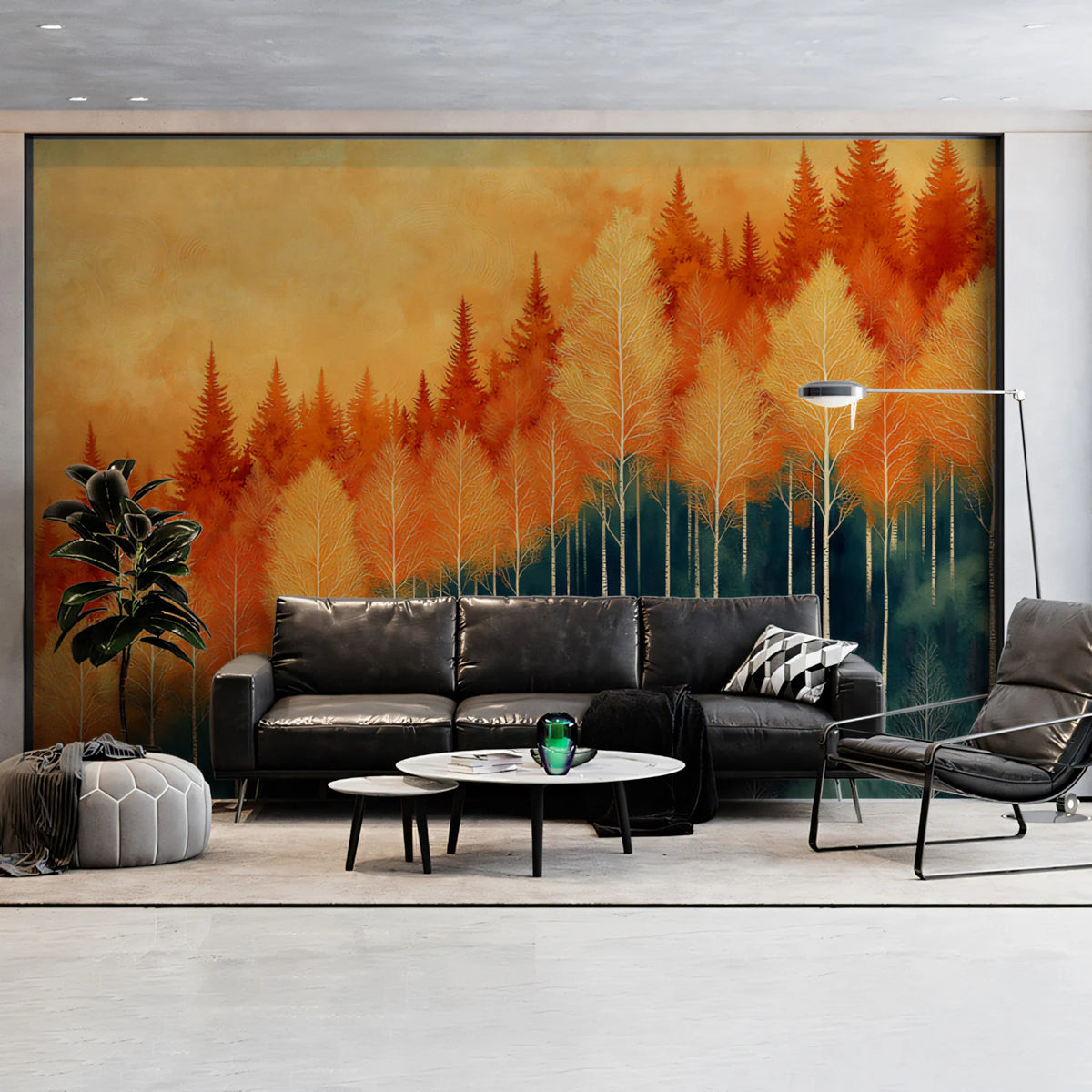 Golden Birch Forest Mural Wallpaper Orange, Gold, and Teal Mural Wallpaper - pure wallpaper artwork