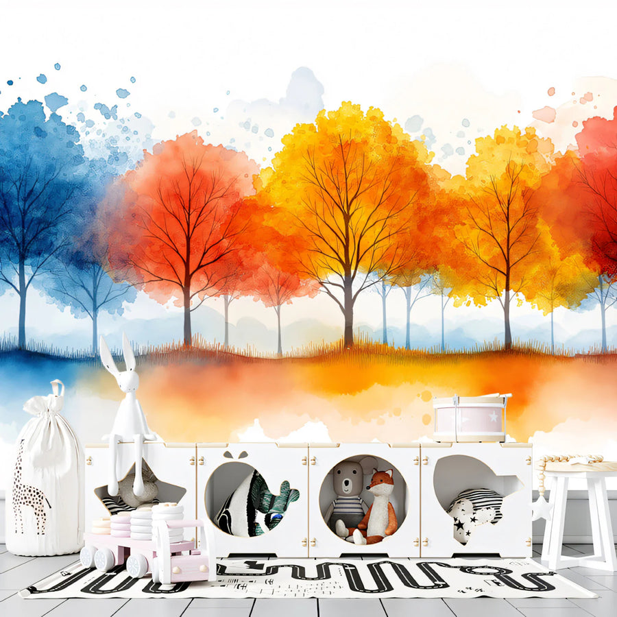 Watercolor Autumn Tree Mural Wallpaper — Vibrant Seasonal Landscape Mural Wallpaper