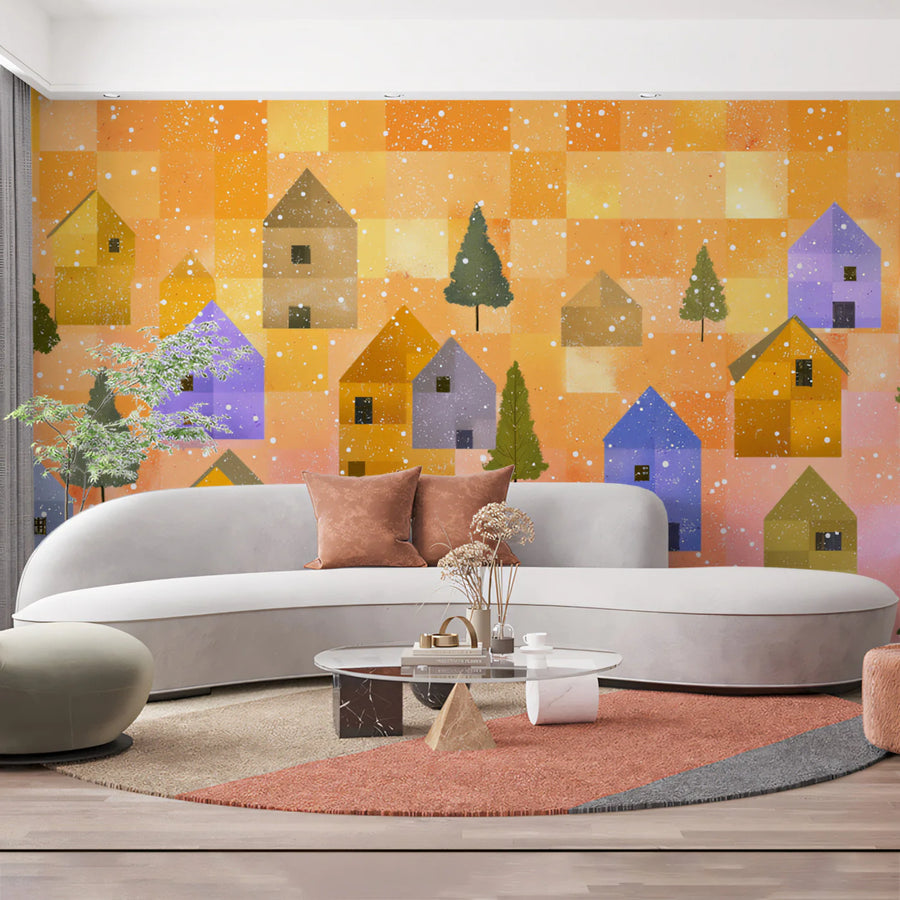 Winter Village Patchwork Mural Wallpaper — Whimsical Artistic Style Mural Wallpaper