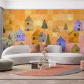 Winter Village Patchwork Mural Wallpaper — Whimsical Artistic Style Mural Wallpaper - pure wallpaper artwork