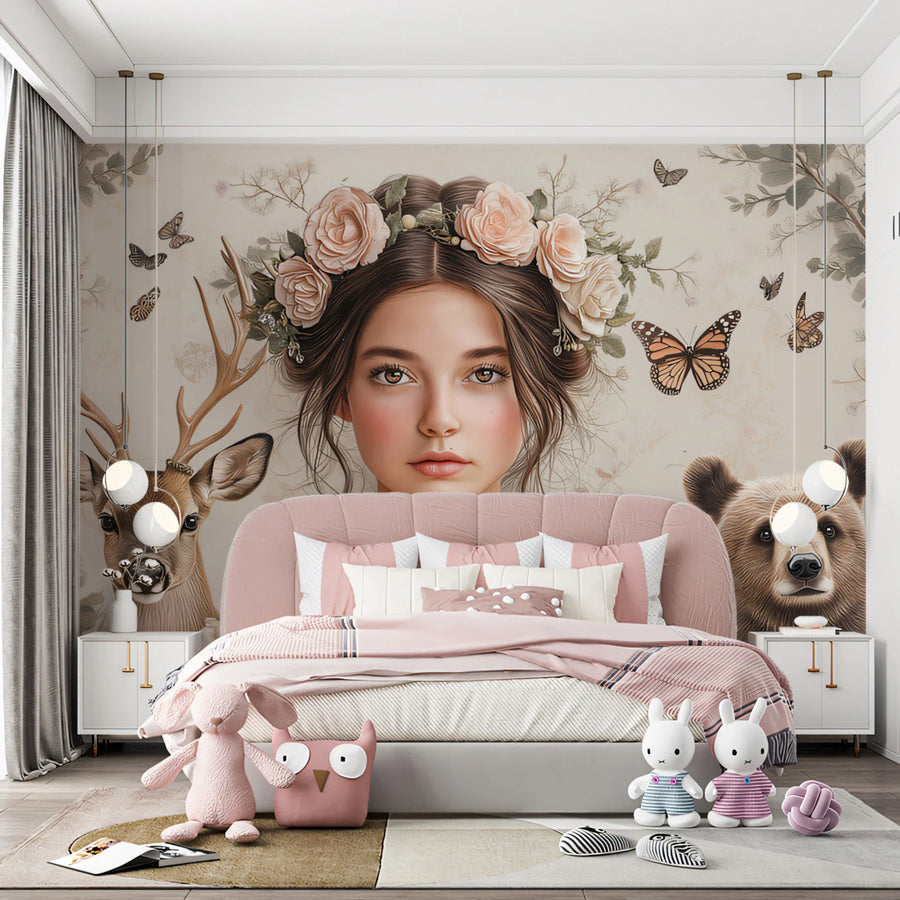 Forest Guardian Girl Floral Mural Wallpaper — Soft Pastel Mural Wallpaper