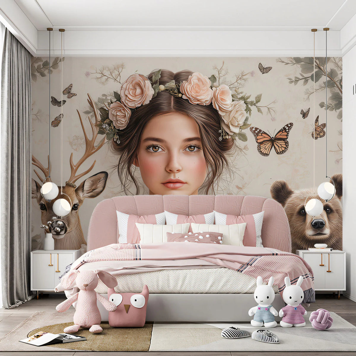 Forest Guardian Girl Floral Mural Wallpaper — Soft Pastel Mural Wallpaper - pure wallpaper artwork