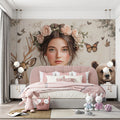 Forest Guardian Girl Floral Mural Wallpaper — Soft Pastel Mural Wallpaper - pure wallpaper artwork