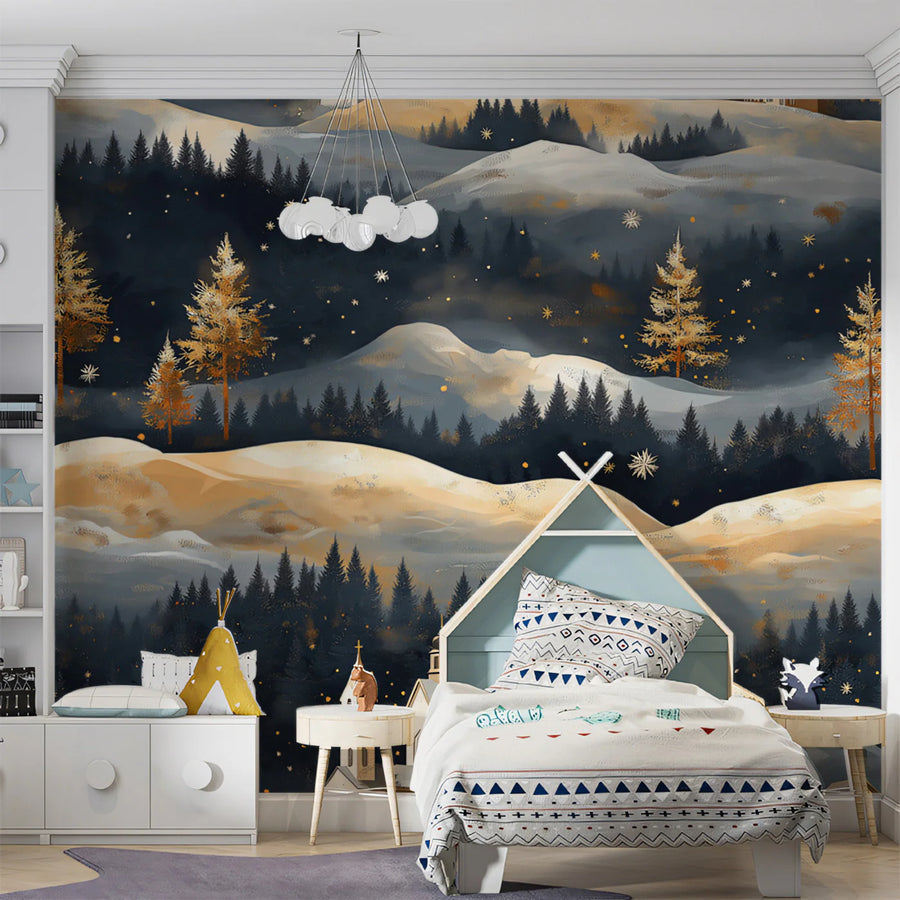 Golden Winter Village Mural Wallpaper Gold, Blue, and White Mural Wallpaper